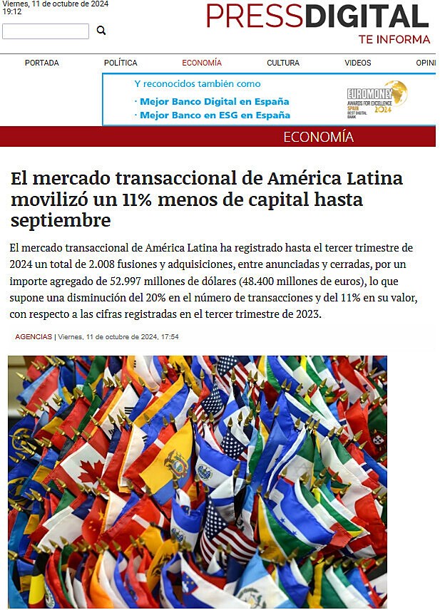 El mercado transaccional de Amrica Latina moviliz un 11% menos de capital hasta septiembre